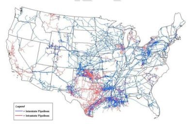 This is a map of all domestic interstate (blue) and intrastrate (red) liquid natural gas pipelines in the United States. Notice none are in eastern North Carolina. Source: Energy Information Administration, Office of Oil & Gas, Natural Gas Division, Gas Transportation Information System