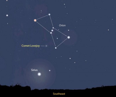 Comet Lovejoy can be seen in the southeast sky near the constellation Orion. Photo: universetoday.com