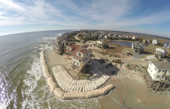This is a drone image taken on Dec. 31, 2014, of the ongoing sandbag wall construction at the north end of Topsail Beach. The bags are allowed to be as much as 40 to 45 feet wide and 20 feet tall. The town’s board of aldermen next month will receive a report that explores ways to build up and maintain North Topsail Beach’s 11.1-mile ocean shore. Photo: North Topsail Beach