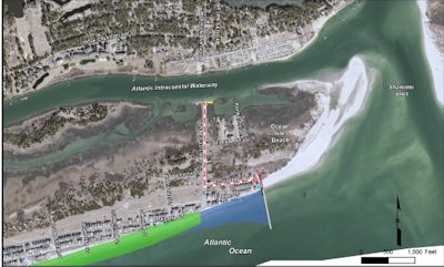 The photo shows the location of the proposed terminal at the east end of Ocean Isle Beach. The blue area is the section of beach that the town will have to re-nourish and the green is the section included in the federal re-nourishment project. The yellow line on the Intracoastal Waterway is where barges will offload equipment and supplies, and the red and white dashed line is the route  that equipment will use to get to the construction site. Source: Army Corps of Engineers 