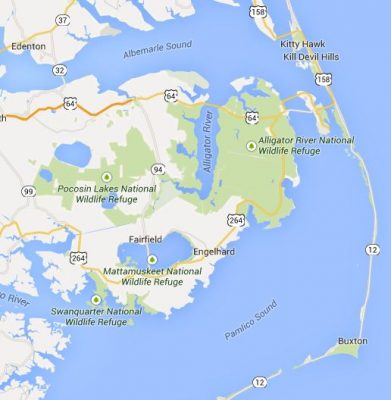 The Albemarle-Pamlico peninsula can be seen in this map between the two sounds. Alligator River National Wildlife Refuge is the green area that juts out on the eastern edge of the peninsula. Englehard is a town just below in Hyde County. Map: Google