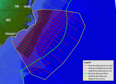 The map shows the seismic surveys that are proposed for N.C. waters. The area of intense surveys are shaded. Map: N.C. Division of Coastal Management