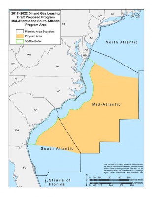 The 2017-2022 Oil and Gas Draft Proposed Program for the mid-Atlantic and south-Atlantic program area includes a 50-mile buffer. Graphic: BOEM 