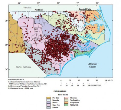 Locations of permitted swine concentrated animal feeding operations (CAFOs) in eastern North Carolina. Graphic:  USGS