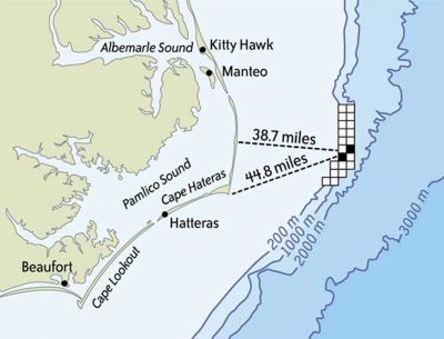 A consortium of eight oil companies leased 21 blocks off Hatteras Island in 1981. An exploratory  oil well that was proposed for one triggered a fight with Outer Banks residents and the state's governor. Source: Minerals Management Service