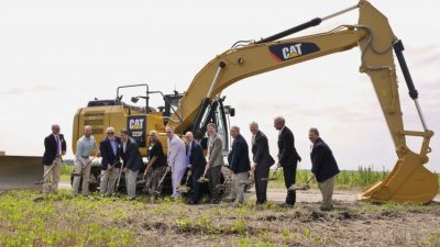 Officials dig in shovels July 14 during a ceremonial groundbreaking for the Amazon Wind Farm U.S. East, the first commercial-scale wind farm in the state. Photo:  Elizabeth City/ Pasquotank County Economic Development Commission