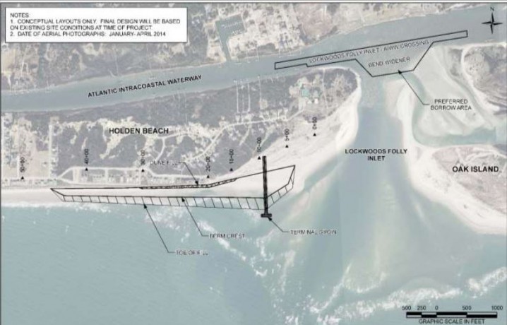 The town’s preferred project includes a 1,000-foot-long structure that would extend about 700 feet into the ocean. Image: Corps of Engineers