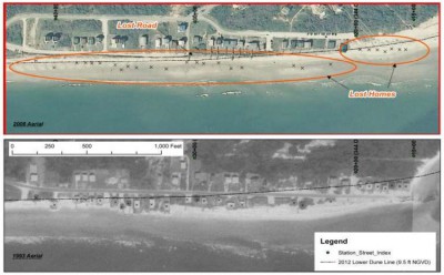 This comparison of the east end of Holden Beach in  2008, above, and 1993 shows 27 structures, indicated by X-marks, lost to erosion. Photo: Corps of Engineers