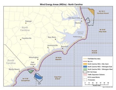 The Bureau of Ocean Energy Management's environmental assessment has found there would be no significant environmental or socioeconomic impacts from issuing wind energy leases within three wind energy areas in federal waters off the N.C. coast. Graphic: BOEM