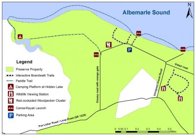 This map of the Palmetto-Peartree Preserve shows the recreation area, which is open to the public year-round. Map: The Conservation Fund