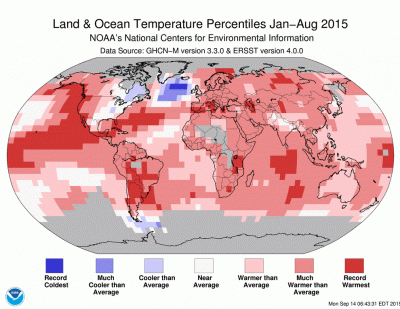 Grid boxes in dark blue experienced their coldest January-August on record this year. Source: NOAA