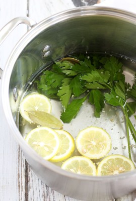 The shrimp are typically boiled with herbs, seasonings and lemon slices. Photo: Amy Brinkley
