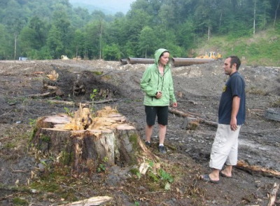 Members of Environmental Watch of the North Caucasus examine a clear cut for a road to Sochi for the Winter Olympics in 2014. Photo: Environmental Watch of the North Caucasus