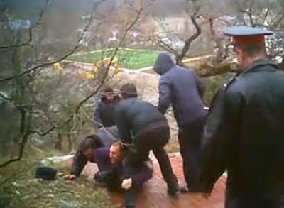 Members of Environmental Watch of the North Caucasus are arrested by police in 2011 for protesting environmental abuses in a public forest on the Black Sea. Photo: Environmental Watch of the North Caucasus