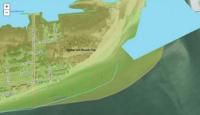 This aerial map of properties east of Shallotte Boulevard in Ocean Isle Beach shows submerged properties under water for a number of years. Source: Brunswick County GIS.
