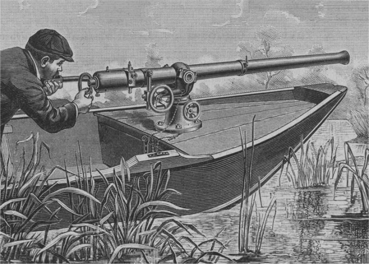 Huge guns -- cannon, really -- were mounted on the bows of punt boats. One well-aimed shot could bring down hundreds of egrets, pelicans and other birds, whose plumage then decorated women's hats. Photo: N.C. Division of Archives and History