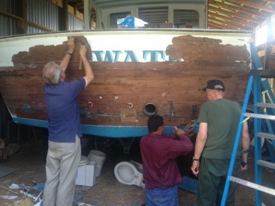 The Deepwater was moved her from the barn, where she had spent 22 years, to Wanchese where restoration began in the original Buddy Davis Boatworks building in November 2013. Photo: deepwatermanteo.com