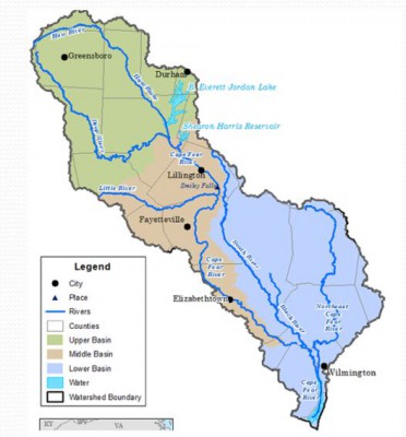 The Cape Fear River basin, the state’s largest river basin, extends from near Greensboro and High Point in the Piedmont to the Wilmington area on the coast. The area includes all or part of 27 counties. Source: National Oceanic and Atmospheric Administration