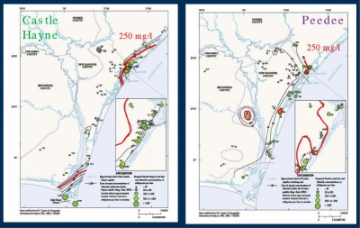 A comparison of chloride concentration data collected from public-supply wells in the 1960s with that collected in 2012 shows marked increases in chloride concentrations in the Peedee aquifer near the town of Carolina Beach at the southern end of New Hanover County.  Source: USGS