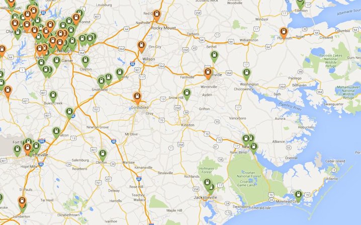 Lots of charging stations are shown in Raleigh but the Highway 70 corridor to the coast includes only a few options for drivers of plug-in electric vehicles. Map: plugshare.com
