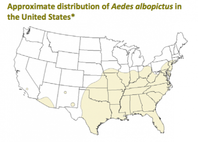 Aedes albopictus, also known as Asian Tiger mosquitoes, are also capable of spreading Zika virus. Map courtesy Centers for Disease Control and Prevention, 2013