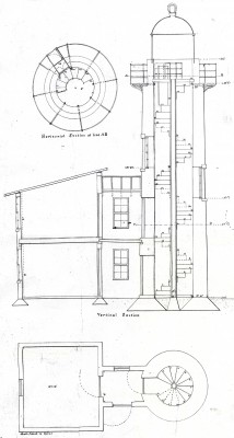 A detail from the original plans for the Bogue Banks Lighthouse shows the structure stood about 50 feet tall. Image: Friends of Fort Macon