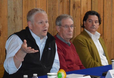 Geologists Rob Young, left, and Stan Riggs and Walker Golder, deputy director of Audubon North Carolina, discuss the proposed terminal groin at the forum. Photo: N.C. Coastal Federation