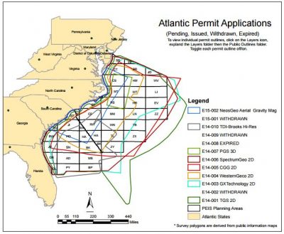 Eight applications to conduct seismic testing are winding through the federal permitting process. Map: BOEM