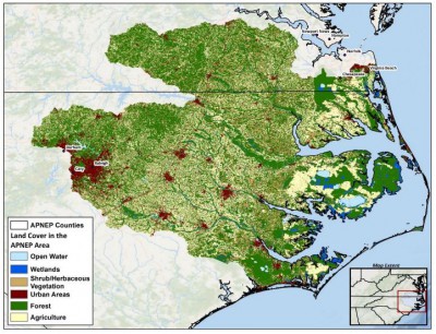 This map shows the land use and land cover in the Albemarle-Pamlico watershed. Map: RTI International