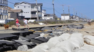 Giants sandbags protected this section of N.C. 12 near Kitty Hawk that was wiped out by a storm last year. Photo: Outer Banks Voice