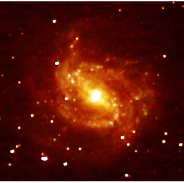 Messier 83, also known as the Southern Pinwheel Galaxy, is about 15 million light-years away. You can see it through binoculars but its proximity to the southern horizon can make it difficult to spot and identify, even using a telescope. Its visual magnitude is 7.5.