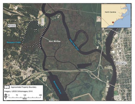The Kerr-McGee site is shown in Navassa, a town in Brunswick County just across the Cape Fear and Brunswick rivers from downtown Wilmington. Map: National Oceanic and Atmospheric Administration