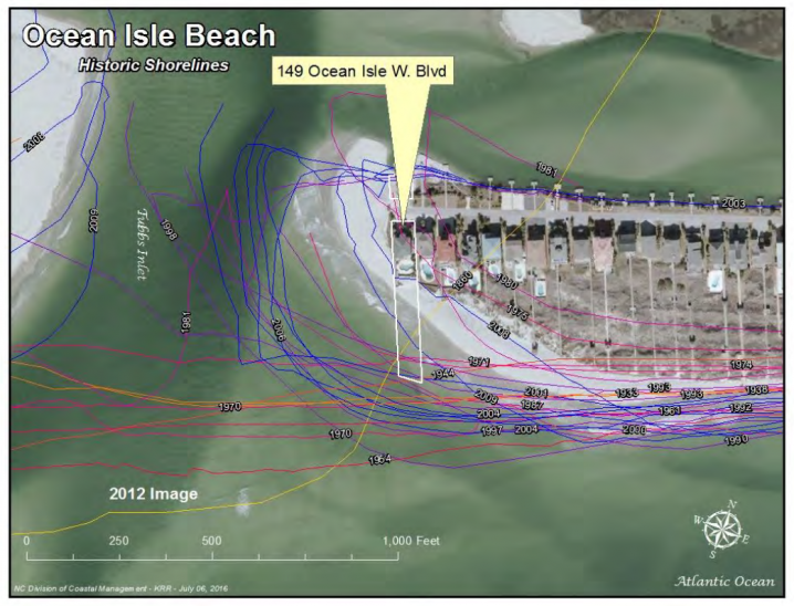 All those colored squiggly lines mark the regression and buildup of Tubbs Inlet over time. Such volatility may make inlets hazardous places to build a home. Photo: N.C. Division of Coastal Management