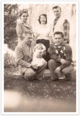 The Pilkey family in 1956 included, clockwise from top left, Elizabeth Pilkey; Orrin Jr.'s wife, Sharlene Pilkey; Walter Pilkey; Orrin Pilkey Jr.; infant Charles Pilkey; and Orrin H. Pilkey Sr. Photo courtesy of Charles Pilkey.