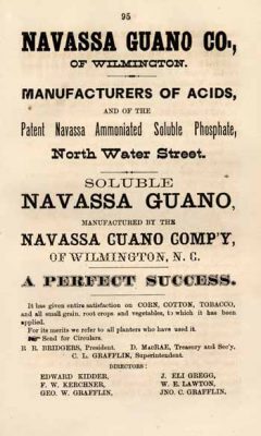 This advertisement for the Navassa Guano Co. appeared in Haddock's Wilmington, N.C., Directory, and General Advertiser of 1871. Image: University of North Carolina at Chapel Hill