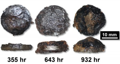 Optical micrographs of severe corrosion on steel alloy samples exposed to ethanol and acetic acid vapors -- conditions typical of underground gas storage tanks -- after 355 hours, 643 hours, and 932 hours. Photo: Science Dialy