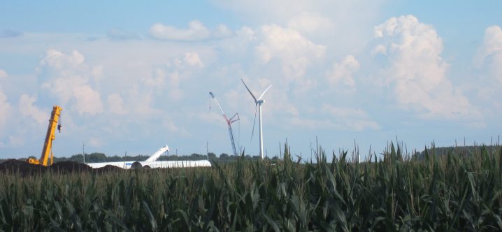 The first turbine irises into the air at the Amazon Wind Farm, Photo: Catherine Kozak.