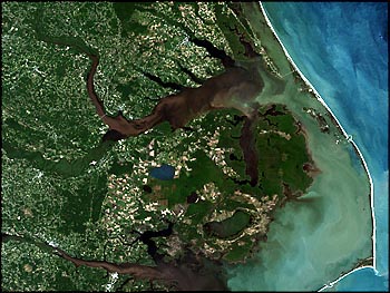 In 1999 following Hurricane Floyd, the state's estuaries were flooded with fertilizers, animal waste and sediments. Photo: NASA Goddard Space Flight Center