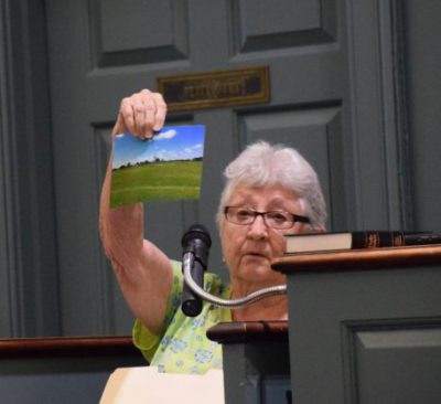 Jean Norville, a resident who lives near the proposed solar site in Trenton, shares photos of a solar farm near Kinston during a public hearing. She expressed worry about potential aesthetic, health and environmental effects of solar installments. Photo: Ashita Gona. 