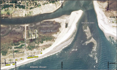 Shown are the location of houses protected with sandbags on the east end of Ocean Isle Beach. Photo: Army Corps of Engineers