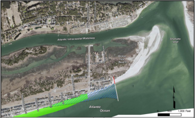 The proposed terminal groin is shown with the areas of federal beach re-nourishment, in green, and beach fill associated with the groin construction, shown in the blue crosshatched area. Image: Army Corps of Engineers