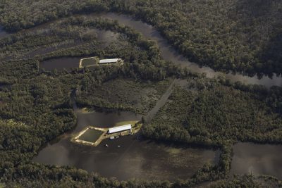 Hog-waste lagoons near the swollen Neuse River near Goldsboro were among the environmental concerns following Hurricane Matthew. Photo: Rick Dove, Waterkeeper Alliance Inc.