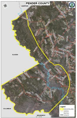 The yellow border denotes the mandatory evacuation area of the Black River basin in western Pender County. Map: Pender County Emergency Management