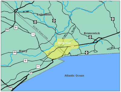 The proposed multi-lane expressway would extend Carolina Bays Parkway, or S.C. 31, from S.C. 9 in Horry County, S.C., across the North Carolina state line to U.S. 17 in Brunswick County. Map: NCDOT