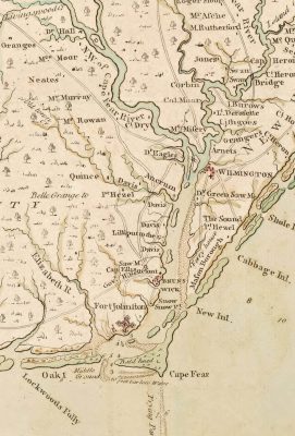 This excerpt of John Collet's 1770 map of North Carolina depicts the mouth of the Cape Fear river, including Wilmington. Map: University of North Carolina Digital Collections