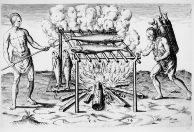 “The brovvyllinge of their fishe ouer the flame,” engraving by Theodor De Bry, printed 1590, based on watercolor by John White, 1585-1586. Source: John Carter Brown Library at Brown University 