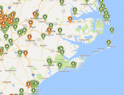 This map shows the locations of charging stations in the eastern part of the state. Map: Plug-in NC