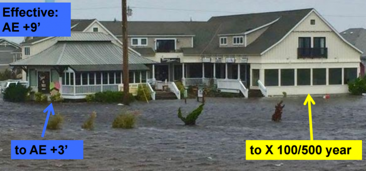 Two structures on the Outer Banks flooded during Tropical Storm Hermine earlier this year are shown as compared with effective and proposed new flood zones. Photo: Outer Banks Voice, with labels by Spencer Rogers