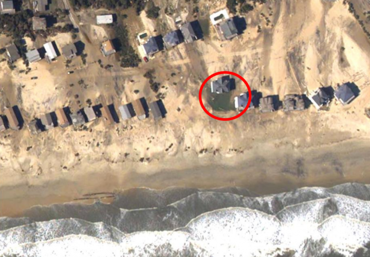 Oceanfront homes on Hatteras Island were flooded or destroyed in 2002 in an area that is proposed as an X flood zone, or outside the 500-year floodplain. Photo: Courtesy Spencer Rogers