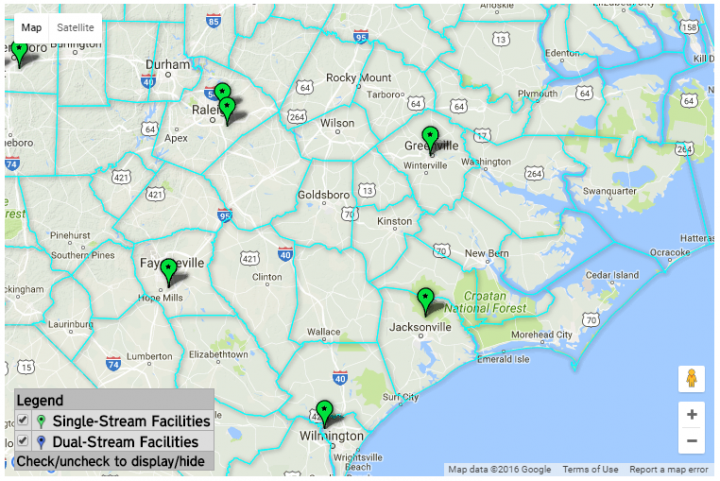 Shown are locations of recycling material recovery centers in eastern North Carolina. Source: Department of Environmental Quality